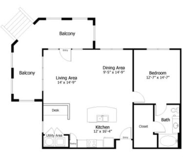 Rendering of the Oaks 4.A4 floor plan with 1 bedroom[s] and 1 bathroom[s] at Thousand Oaks