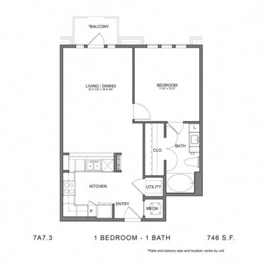 Rendering of the Stag`s Leap 7A7.3 floor plan with 1 bedroom[s] and 1 bathroom[s] at Thousand Oaks