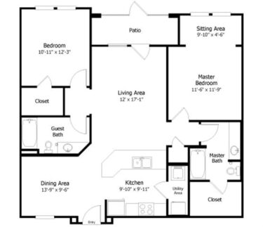 Rendering of the Oaks 3B2 floor plan with 2 bedroom[s] and 2 bathroom[s] at Thousand Oaks
