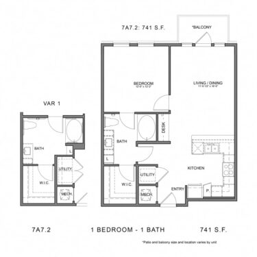 Rendering of the Stag`s Leap 7A7.2 floor plan with 1 bedroom[s] and 1 bathroom[s] at Thousand Oaks