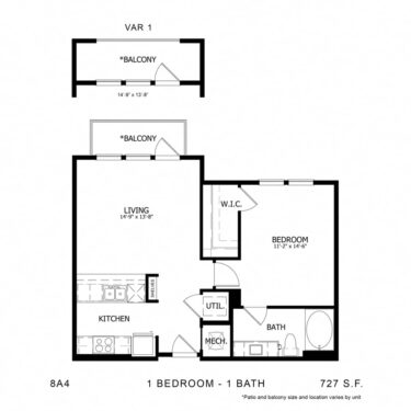 Rendering of the Stag`s Leap 8A4 floor plan with 1 bedroom[s] and 1 bathroom[s] at Thousand Oaks