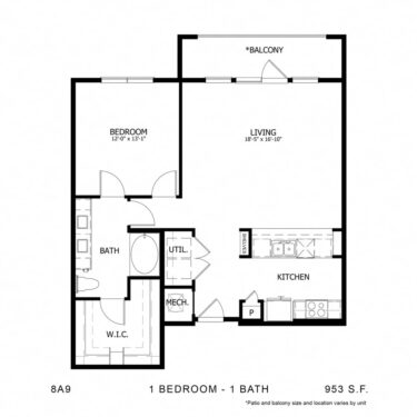 Rendering of the Stag`s Leap 8A9 floor plan with 1 bedroom[s] and 1 bathroom[s] at Thousand Oaks