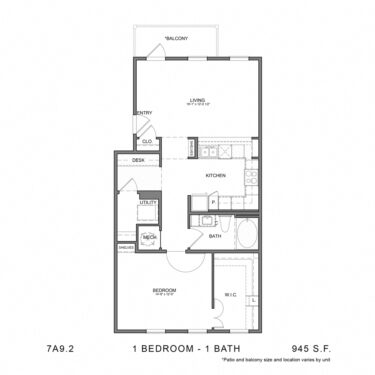 Rendering of the Stag`s Leap 7A9.2 floor plan with 1 bedroom[s] and 1 bathroom[s] at Thousand Oaks