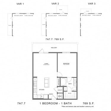 Rendering of the Stag`s Leap 7A7.7 floor plan with 1 bedroom[s] and 1 bathroom[s] at Thousand Oaks