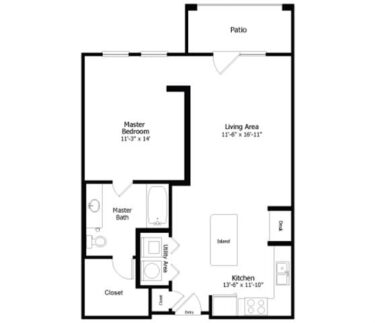 Rendering of the Oaks 3A4 floor plan with 1 bedroom[s] and 1 bathroom[s] at Thousand Oaks